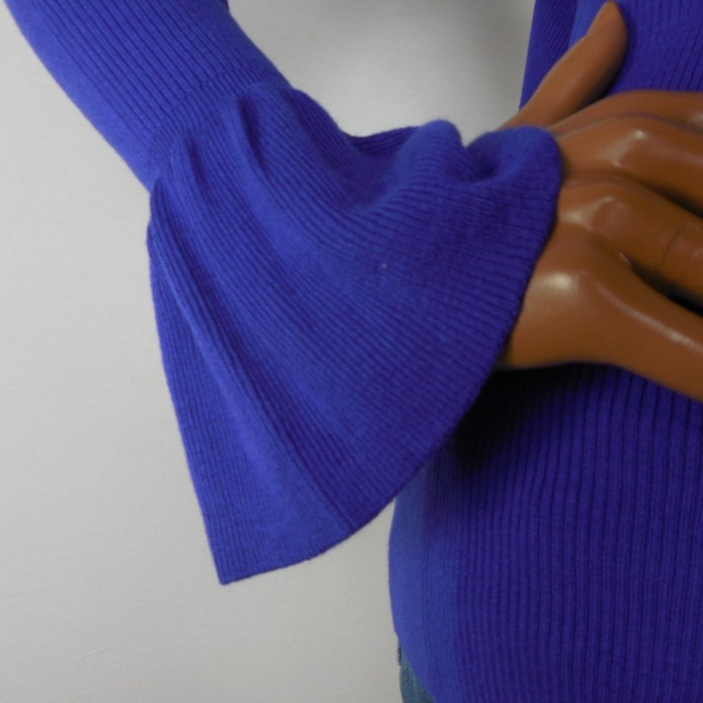 RALPH LAUREN Top L NWT Blue Sweater Long Bell Sleeves Casual Party Stretch Rib - Picture 4 of 8